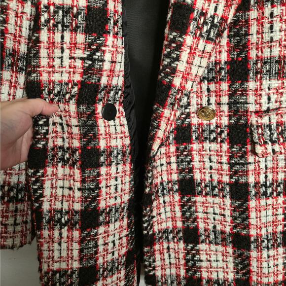 Zara Plaid Double Breasted Plaid Tweed Red Long Oversized Blazer Size M Holiday - Picture 10 of 16